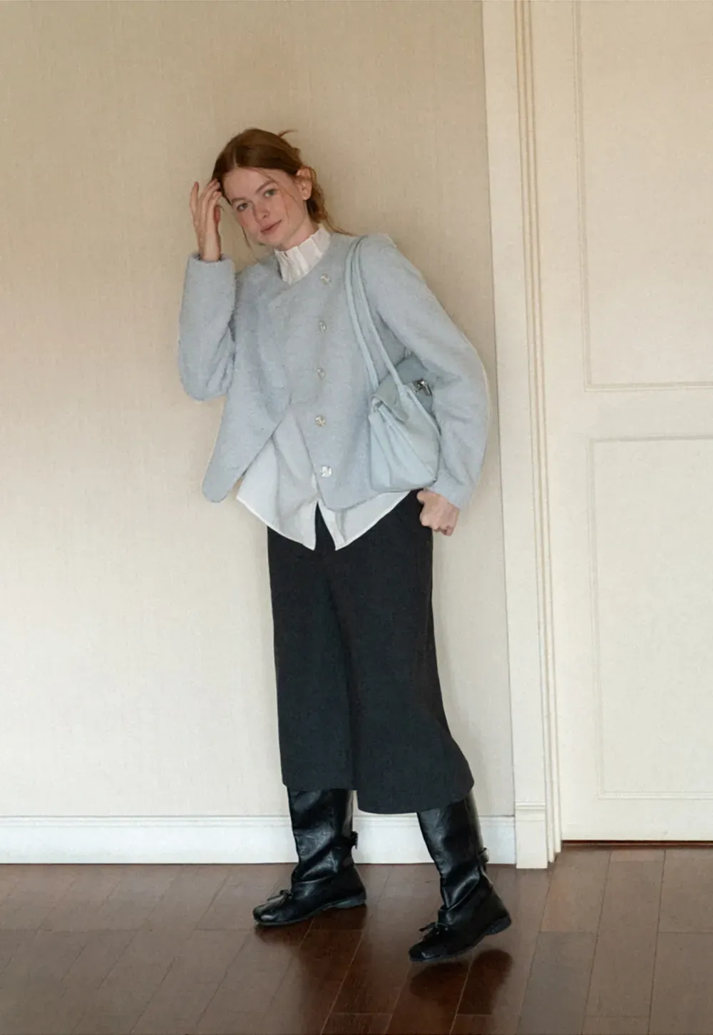 Asymmetrical Lapel Wool Coat with Pearl Buttons