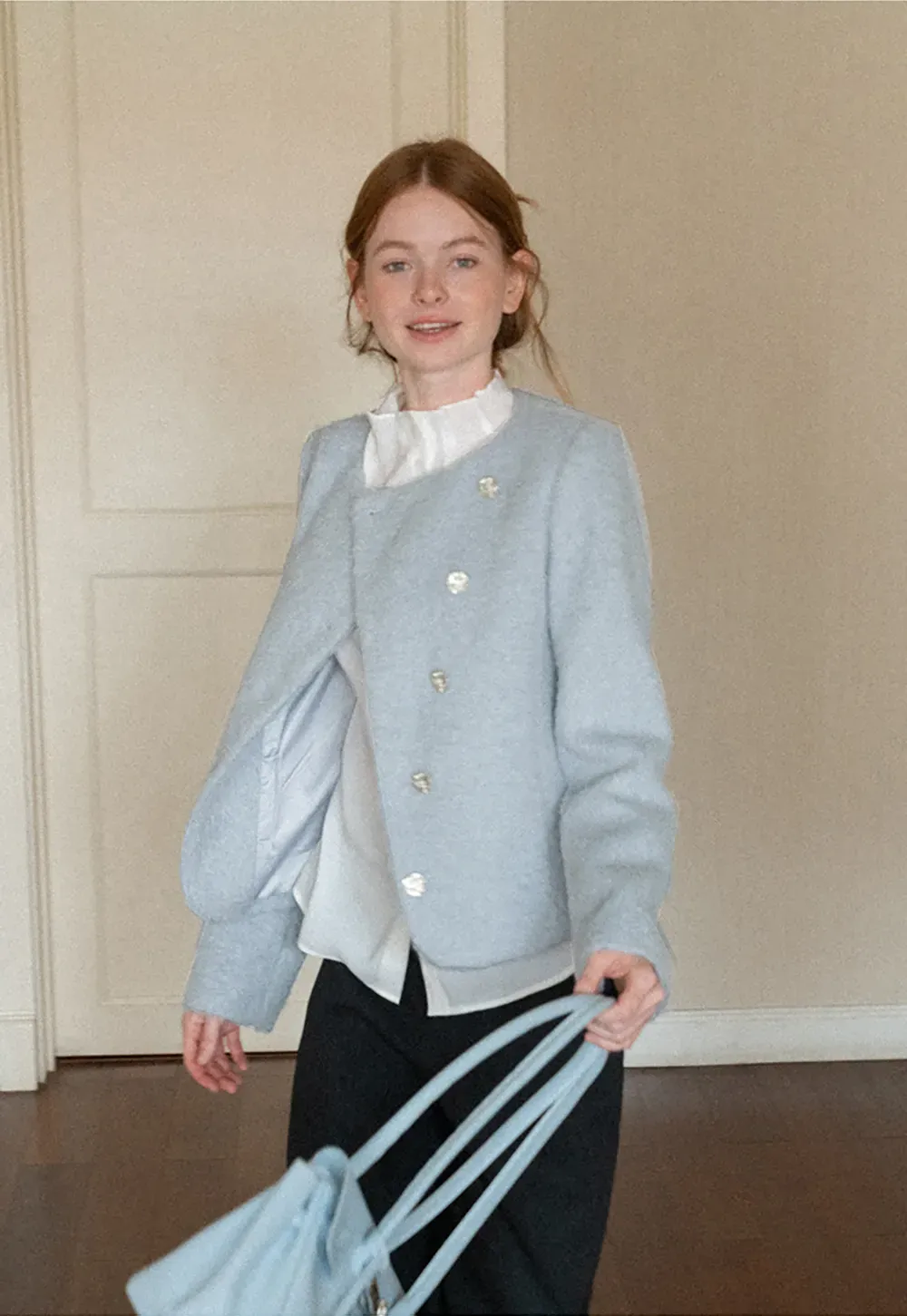 Asymmetrical Lapel Wool Coat with Pearl Buttons