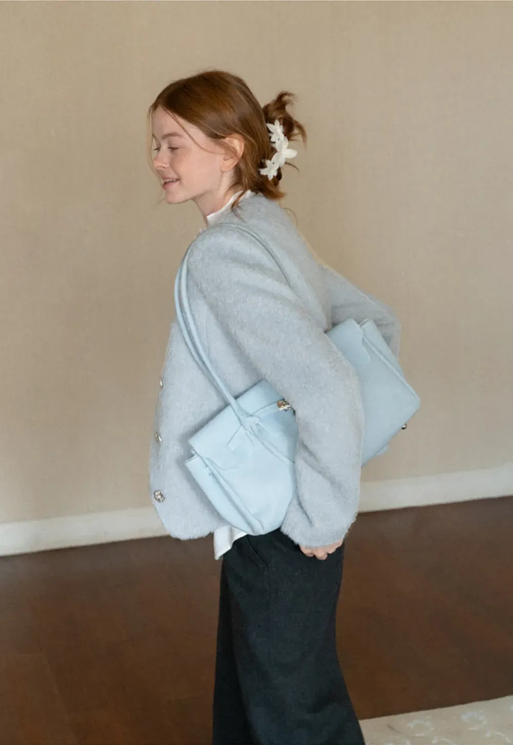 Asymmetrical Lapel Wool Coat with Pearl Buttons