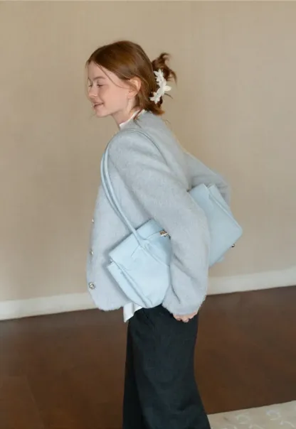 Asymmetrical Lapel Wool Coat with Pearl Buttons