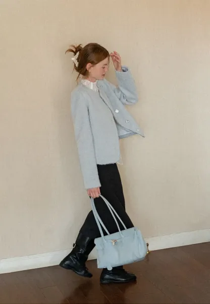 Asymmetrical Lapel Wool Coat with Pearl Buttons