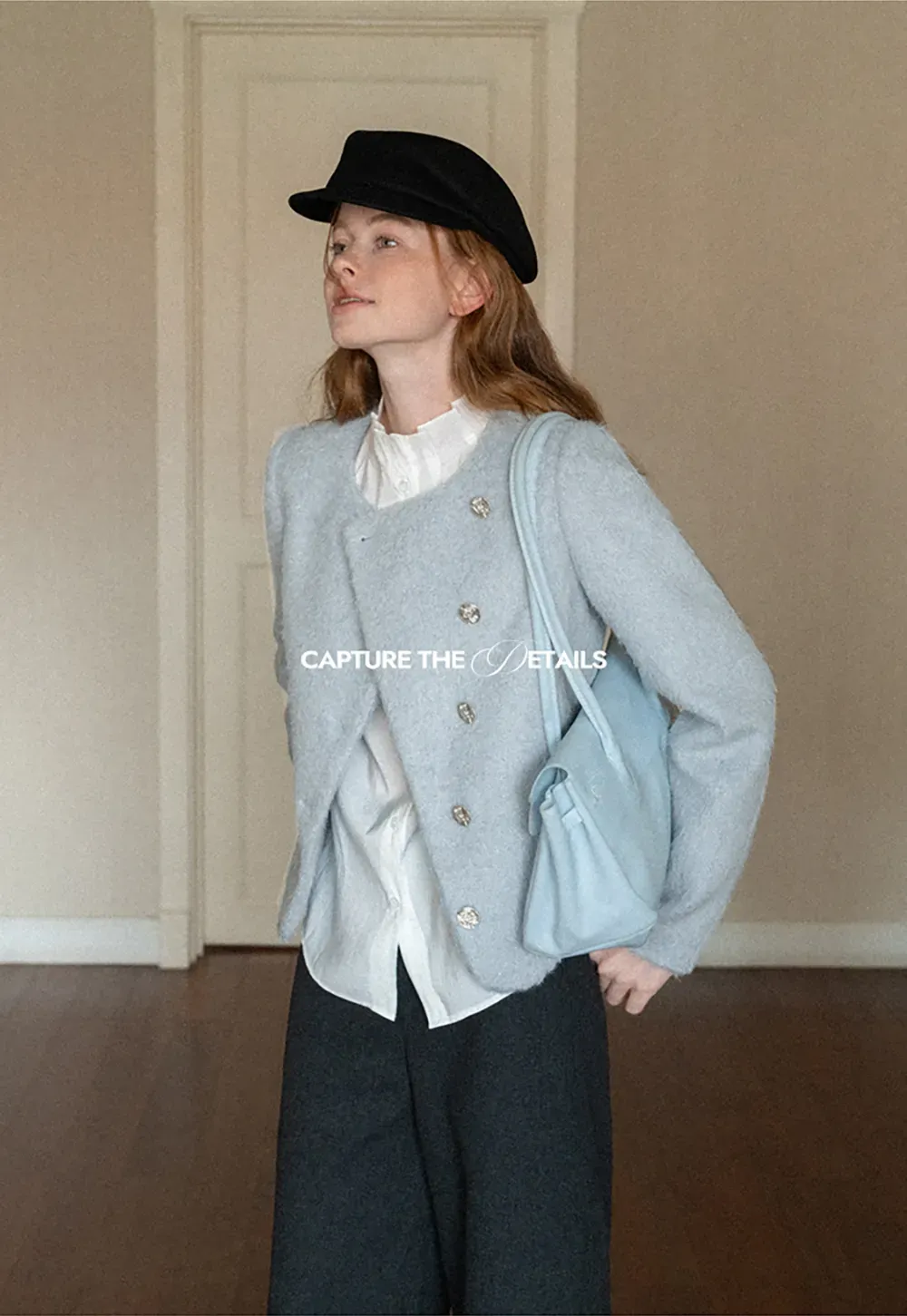 Asymmetrical Lapel Wool Coat with Pearl Buttons