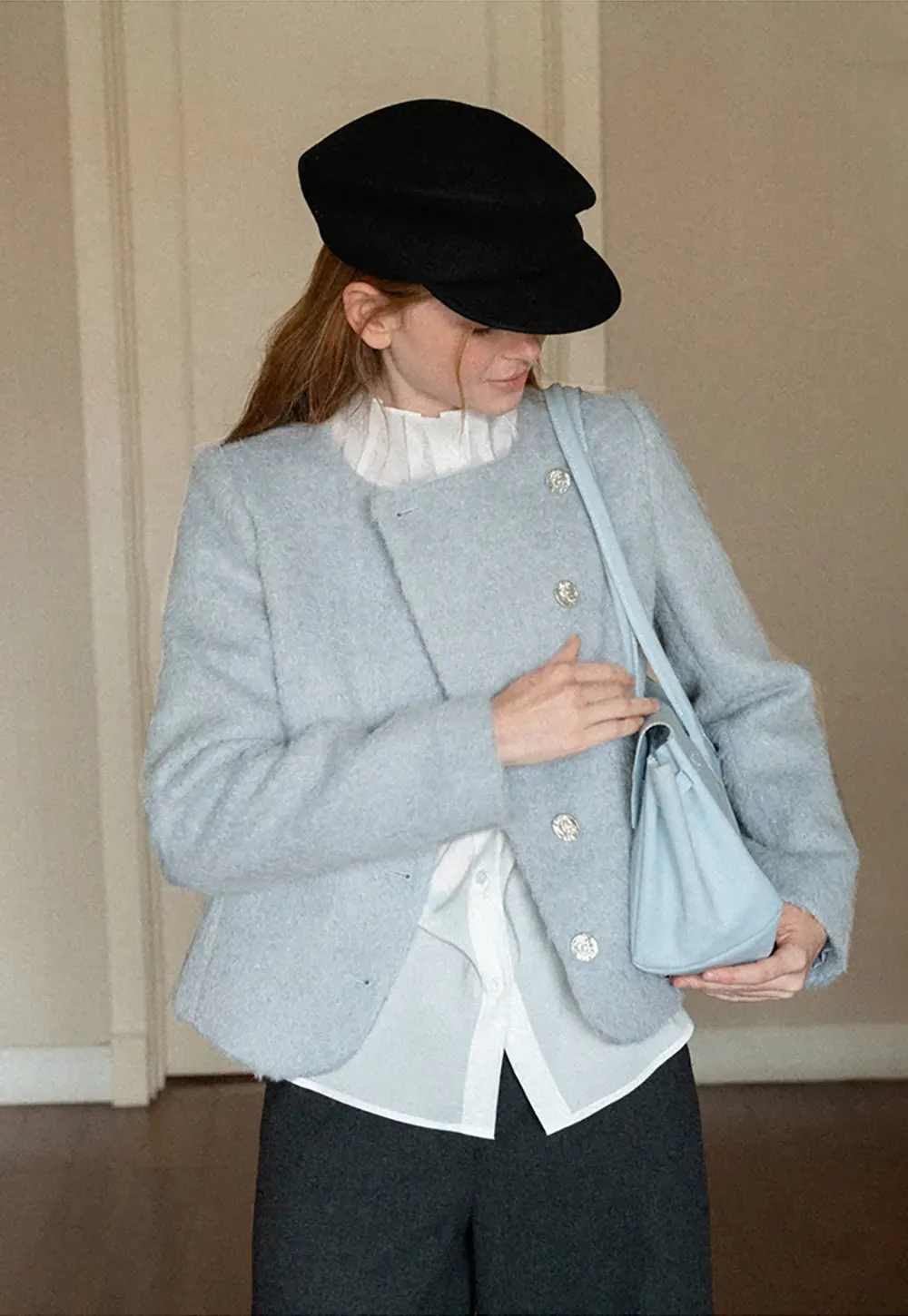 Asymmetrical Lapel Wool Coat with Pearl Buttons