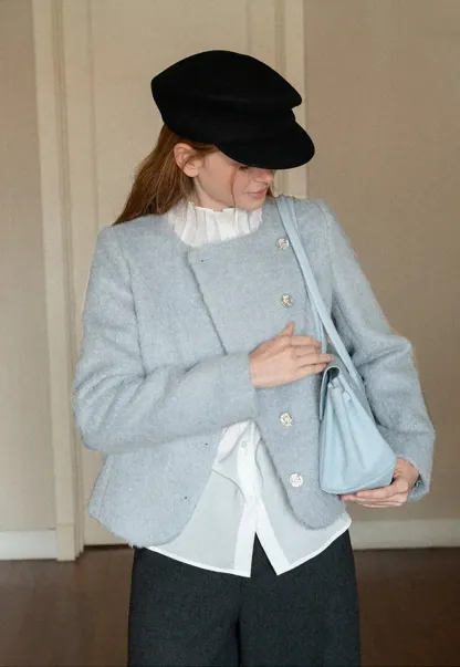 Asymmetrical Lapel Wool Coat with Pearl Buttons