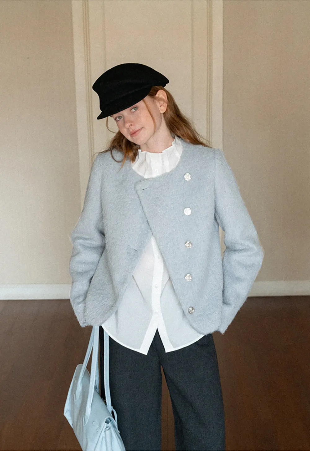 Asymmetrical Lapel Wool Coat with Pearl Buttons