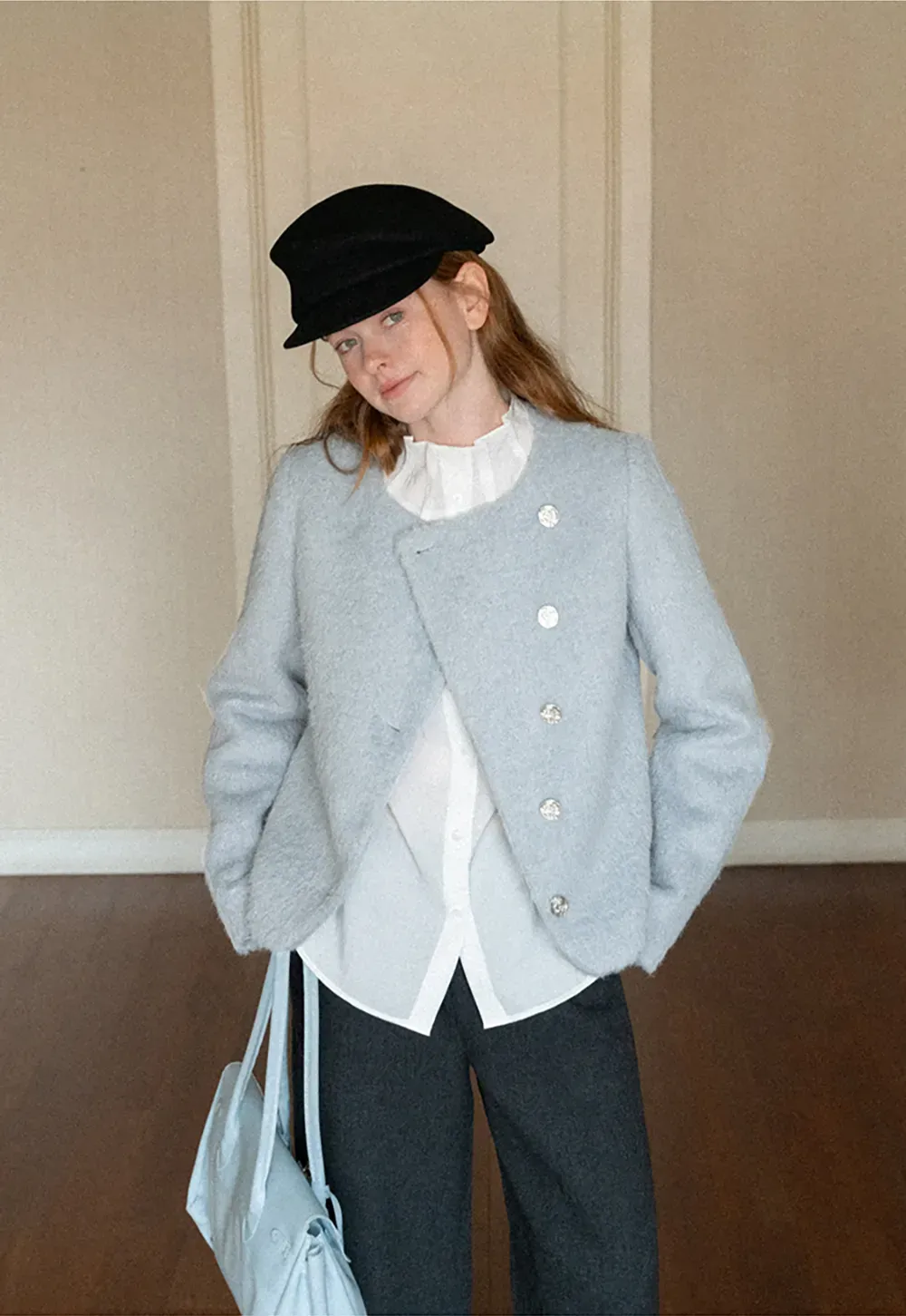 Asymmetrical Lapel Wool Coat with Pearl Buttons