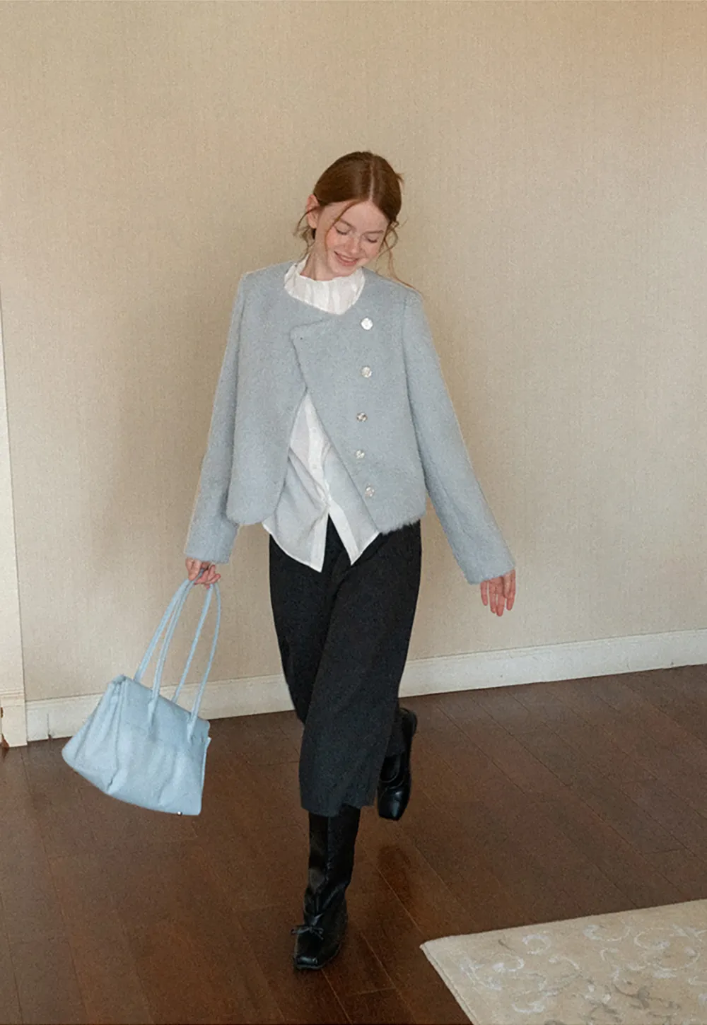 Asymmetrical Lapel Wool Coat with Pearl Buttons