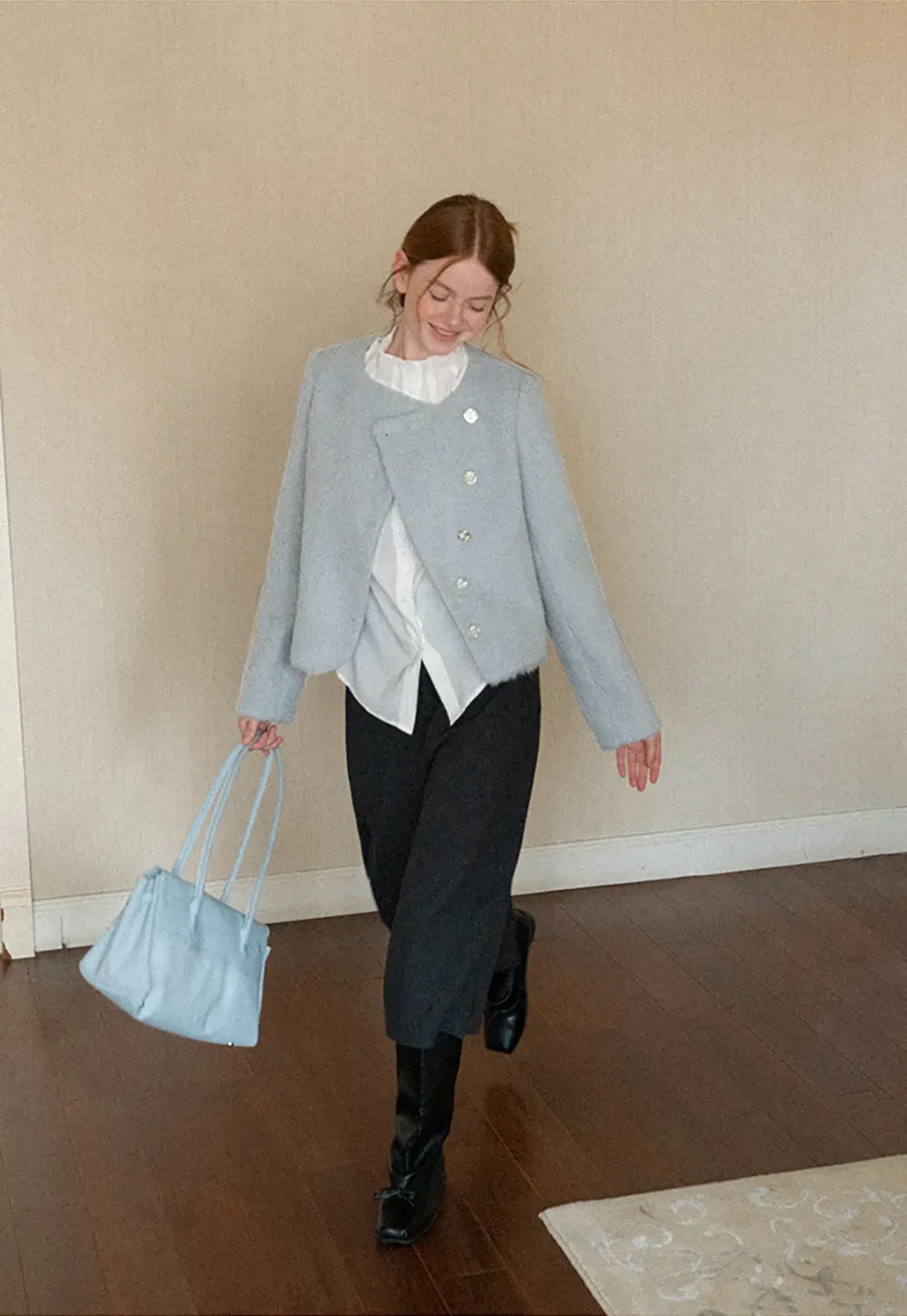 Asymmetrical Lapel Wool Coat with Pearl Buttons