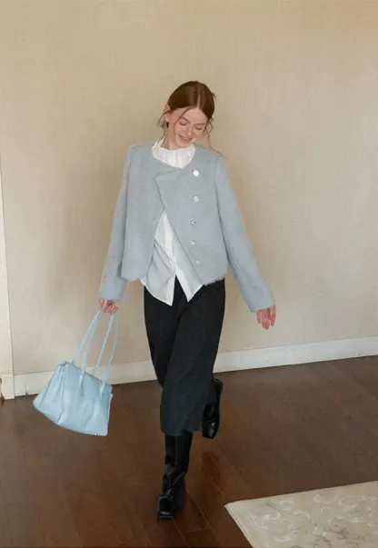 Asymmetrical Lapel Wool Coat with Pearl Buttons