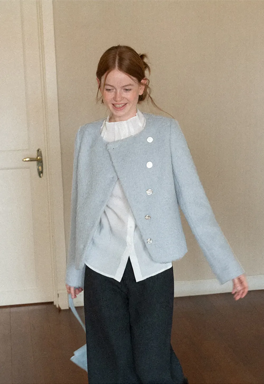 Asymmetrical Lapel Wool Coat with Pearl Buttons