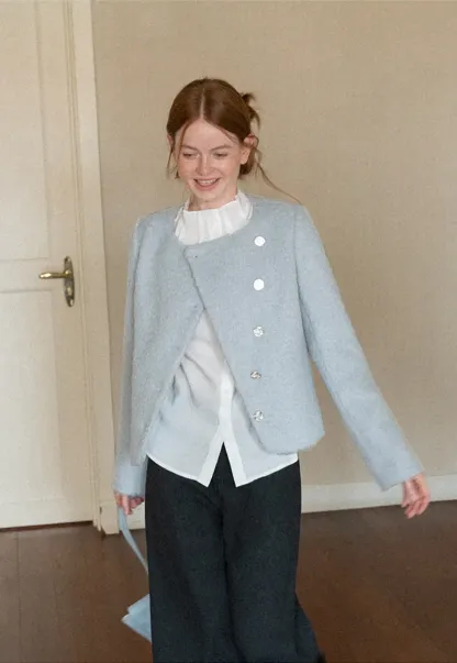 Asymmetrical Lapel Wool Coat with Pearl Buttons