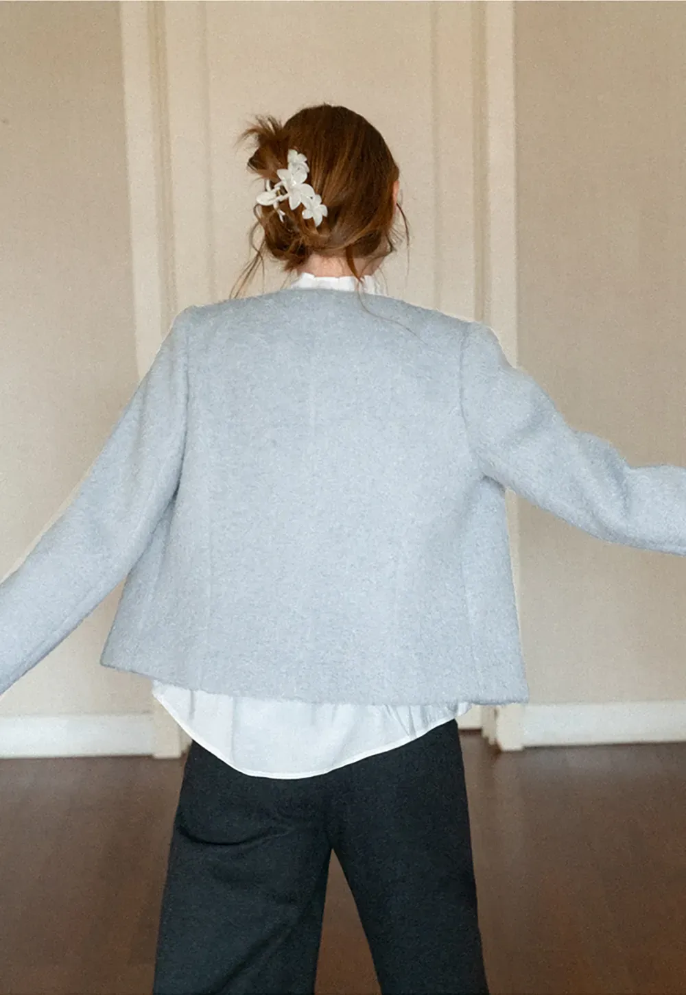 Asymmetrical Lapel Wool Coat with Pearl Buttons