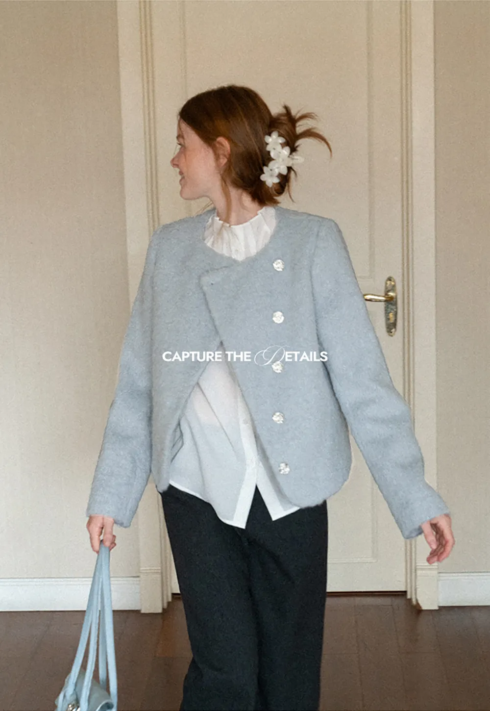 Asymmetrical Lapel Wool Coat with Pearl Buttons
