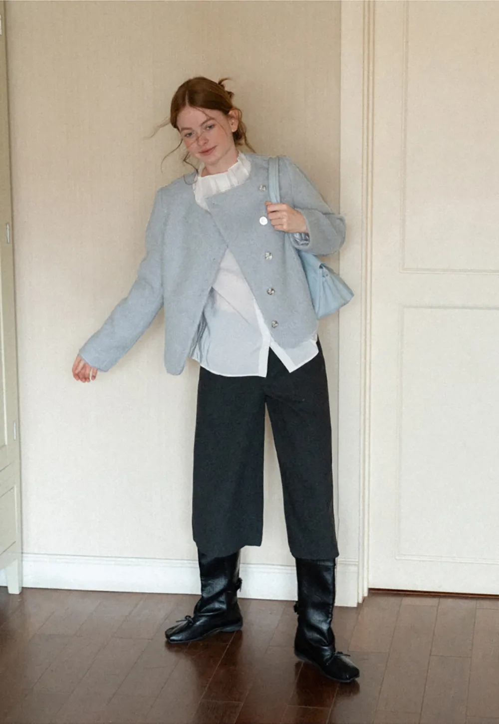 Asymmetrical Lapel Wool Coat with Pearl Buttons