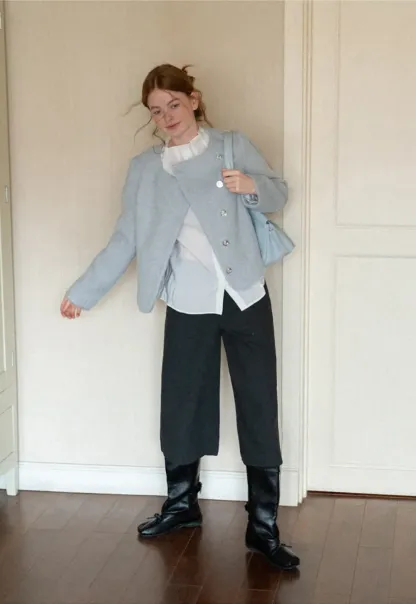 Asymmetrical Lapel Wool Coat with Pearl Buttons