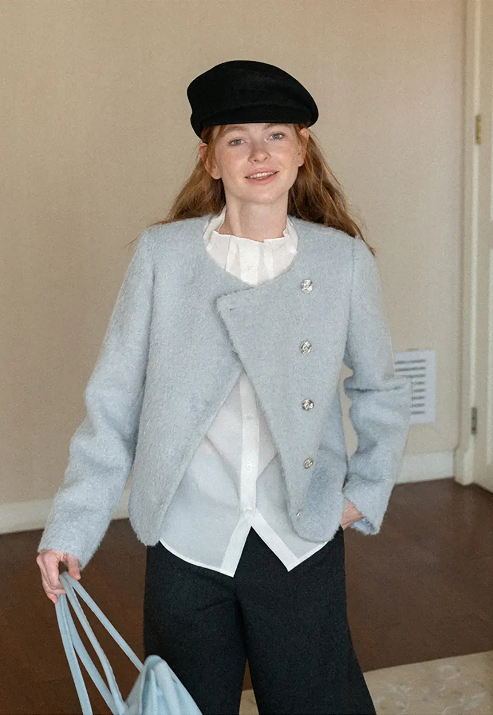 Asymmetrical Lapel Wool Coat with Pearl Buttons