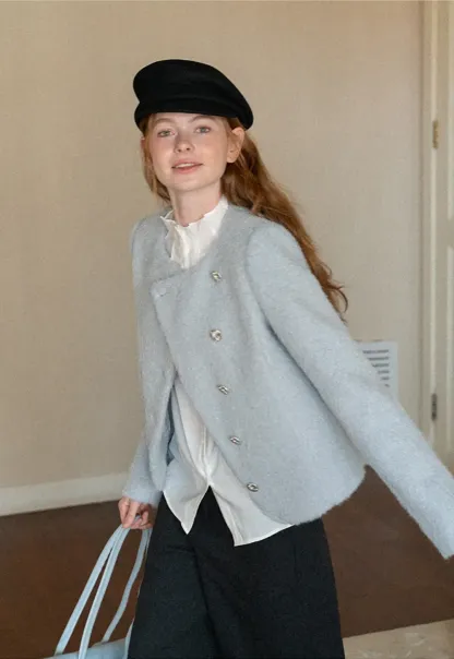 Asymmetrical Lapel Wool Coat with Pearl Buttons
