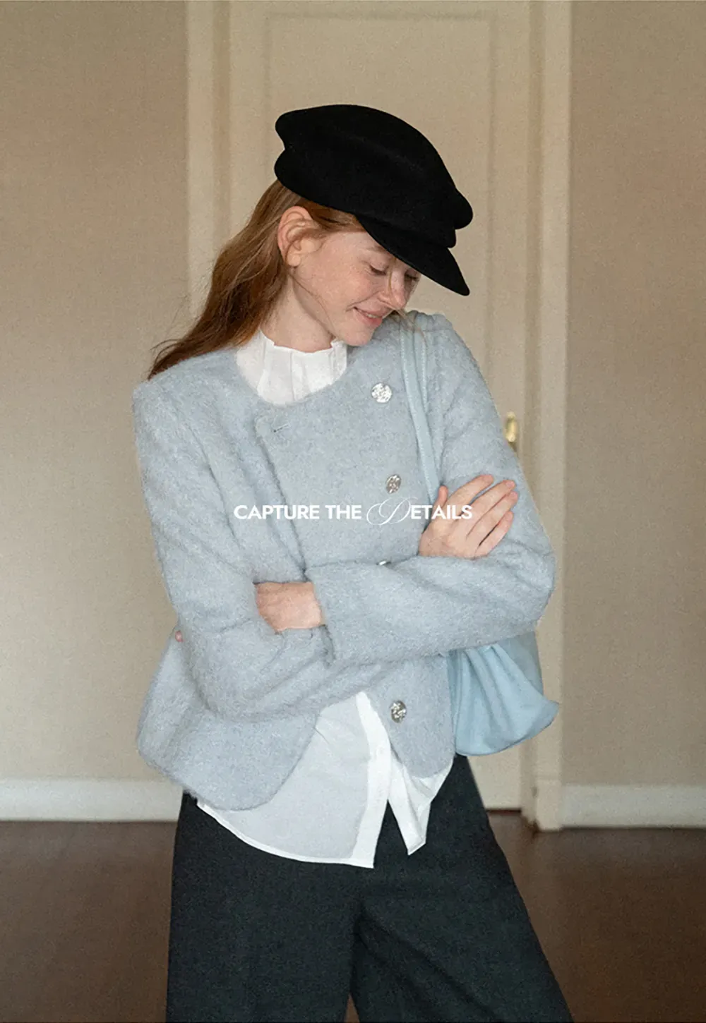 Asymmetrical Lapel Wool Coat with Pearl Buttons