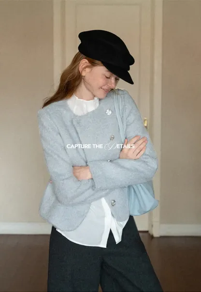 Asymmetrical Lapel Wool Coat with Pearl Buttons