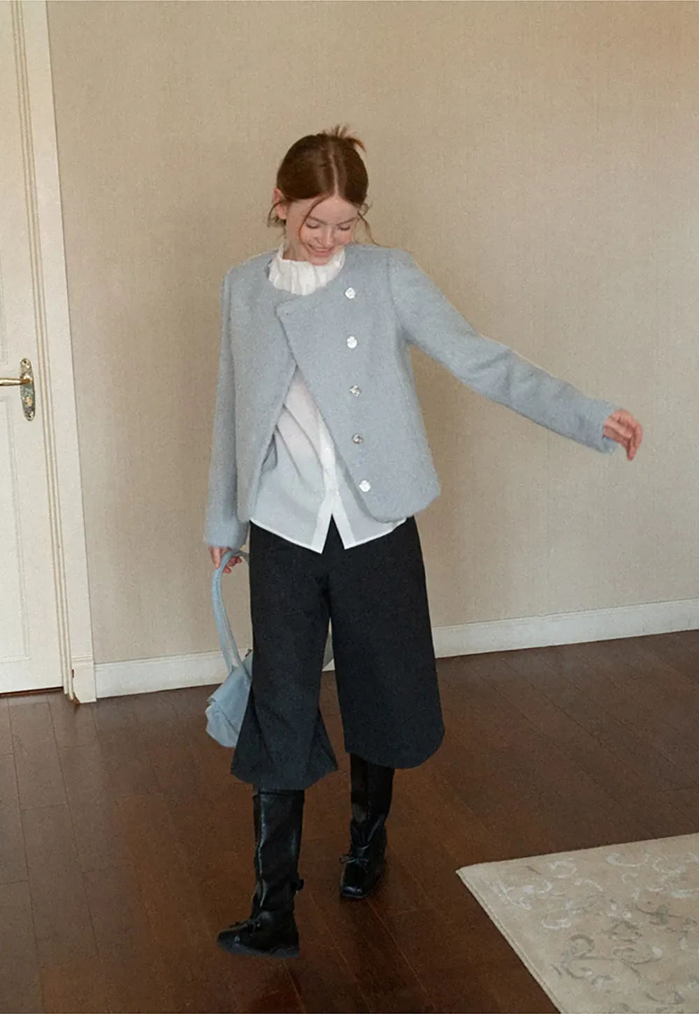 Asymmetrical Lapel Wool Coat with Pearl Buttons