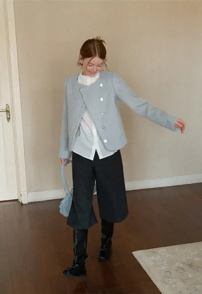 Asymmetrical Lapel Wool Coat with Pearl Buttons