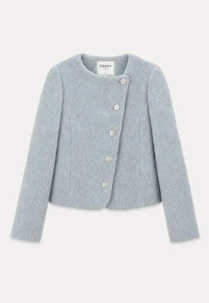 Asymmetrical Lapel Wool Coat with Pearl Buttons