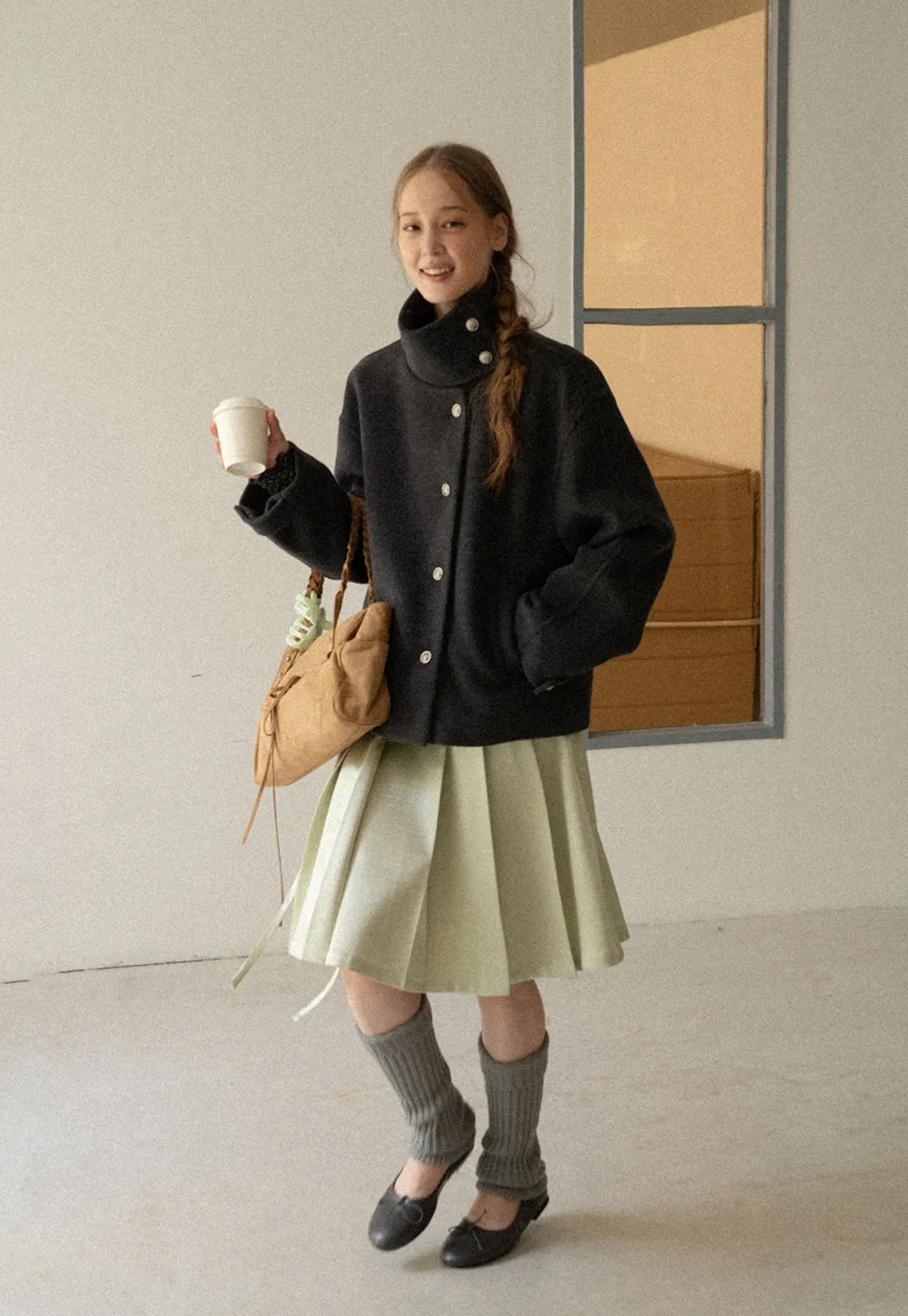 High Collar Button Front Wool Coat