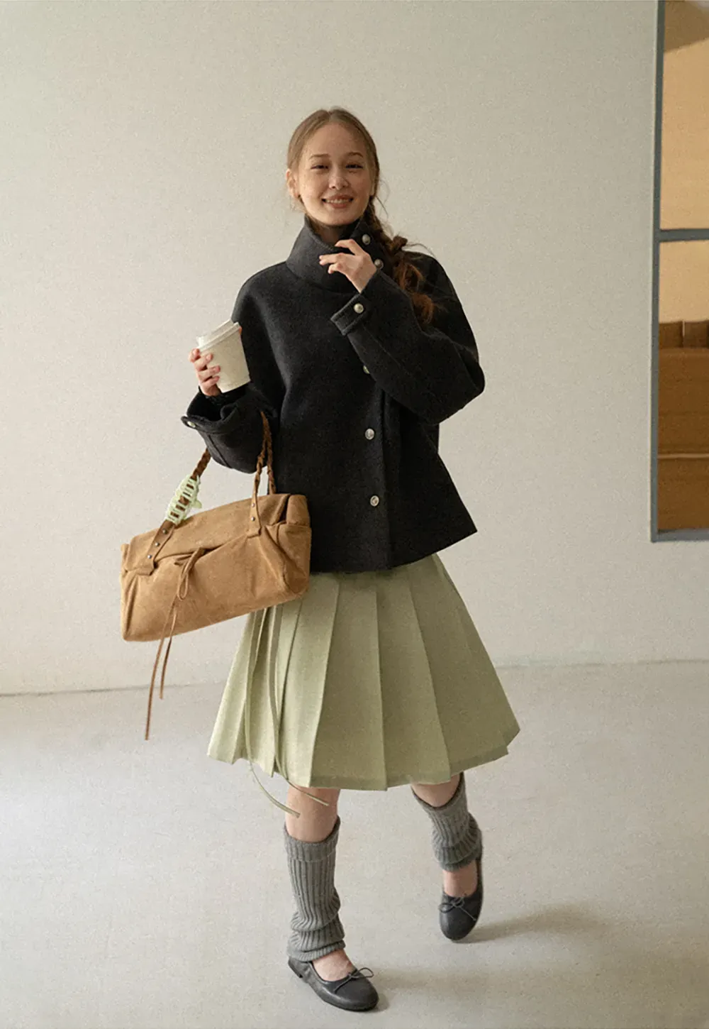 High Collar Button Front Wool Coat