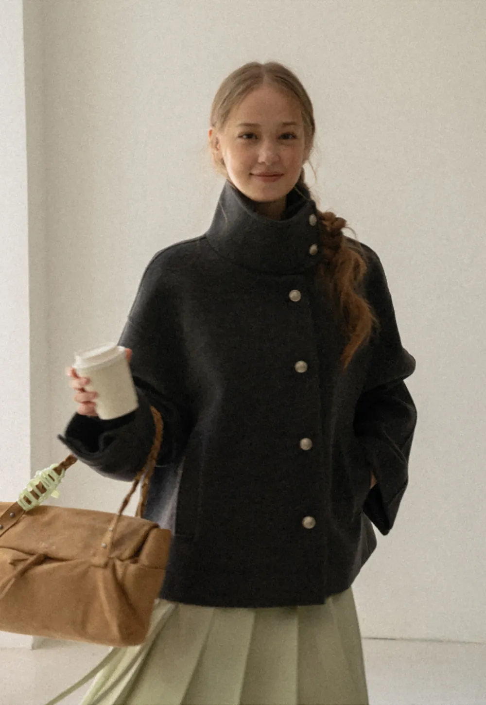 High Collar Button Front Wool Coat