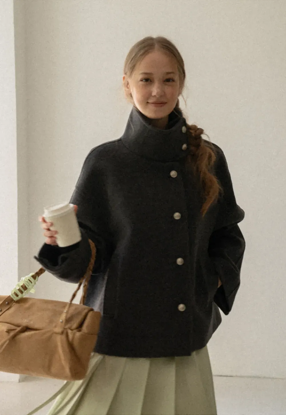 High Collar Button Front Wool Coat