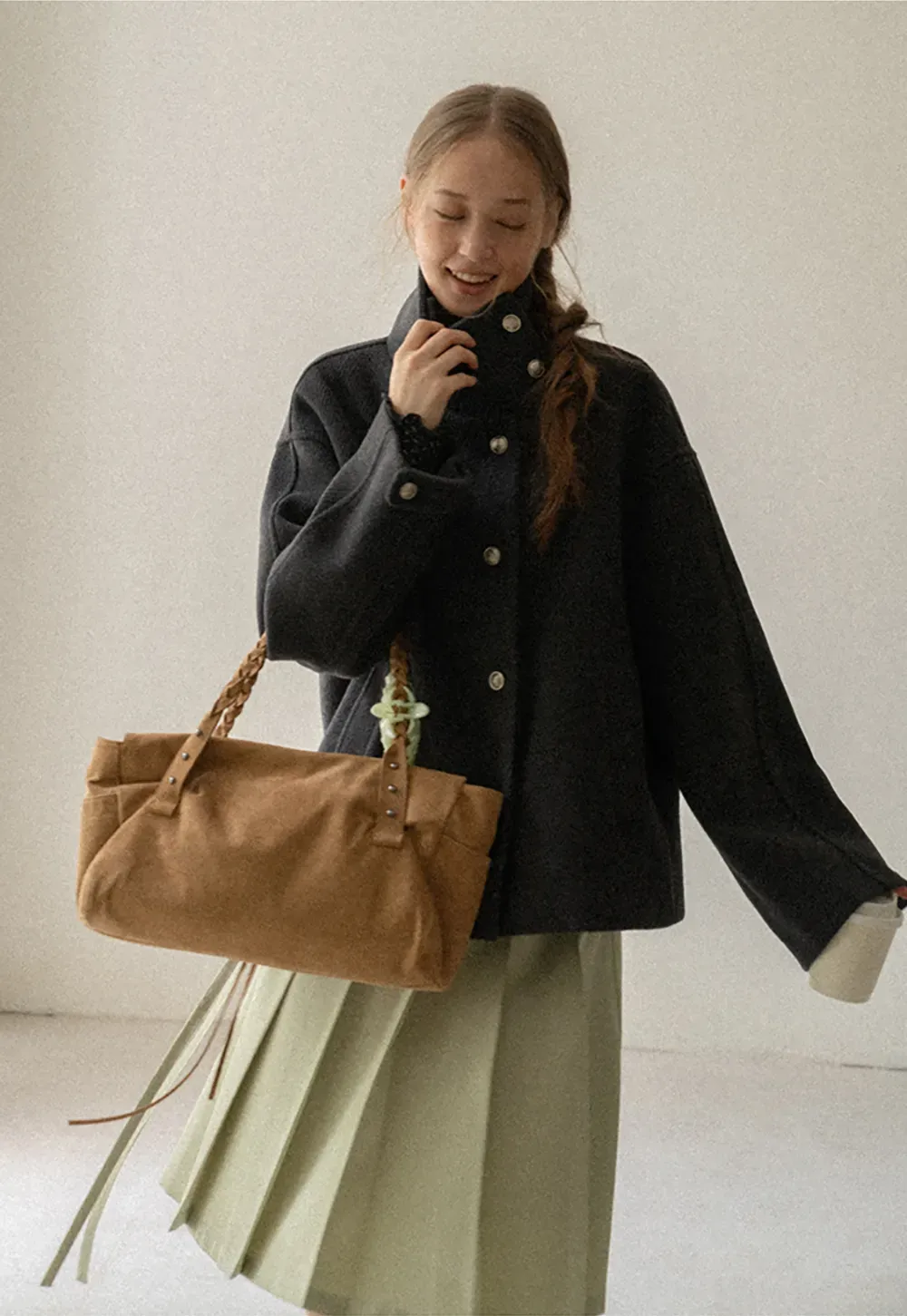 High Collar Button Front Wool Coat