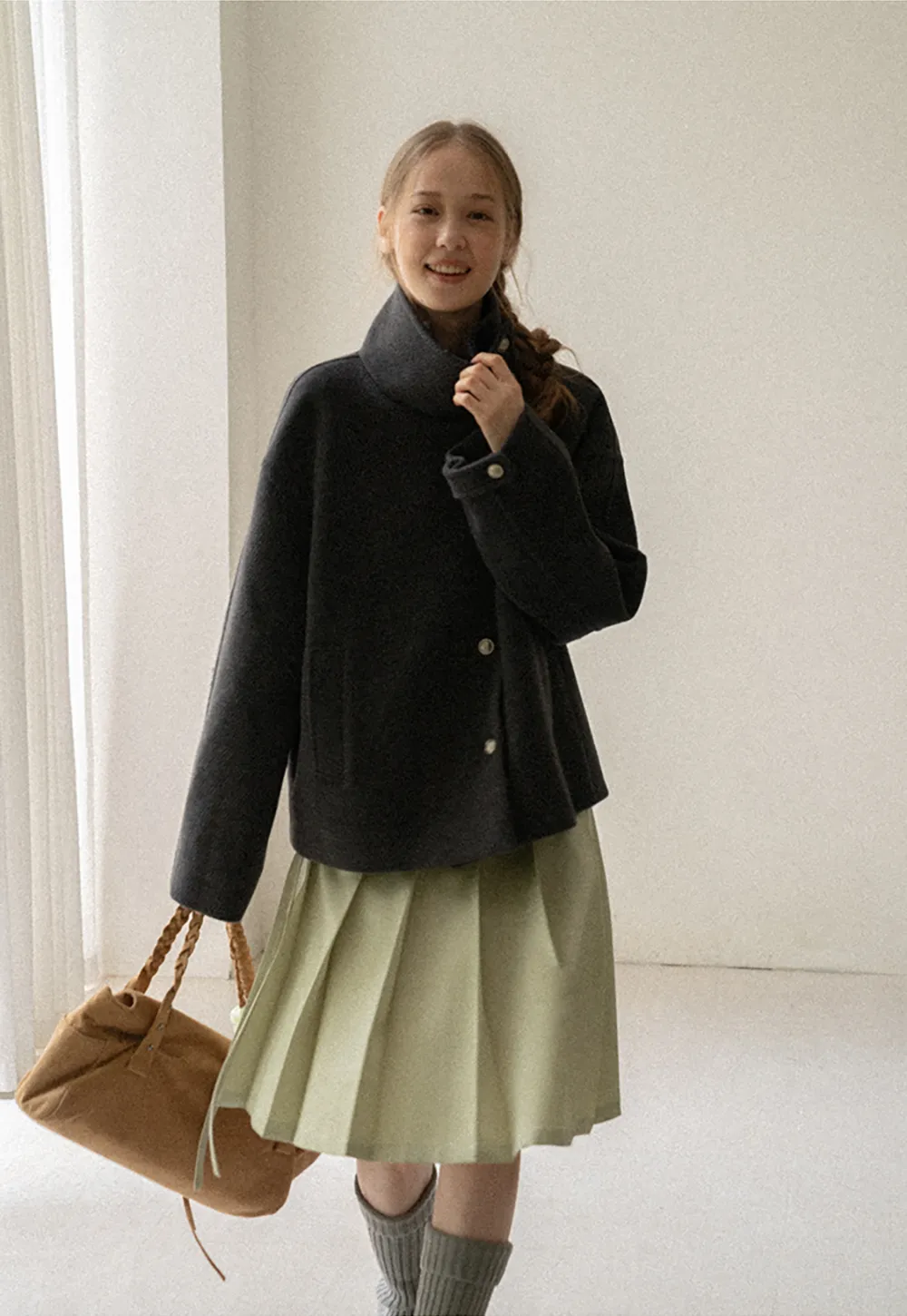 High Collar Button Front Wool Coat