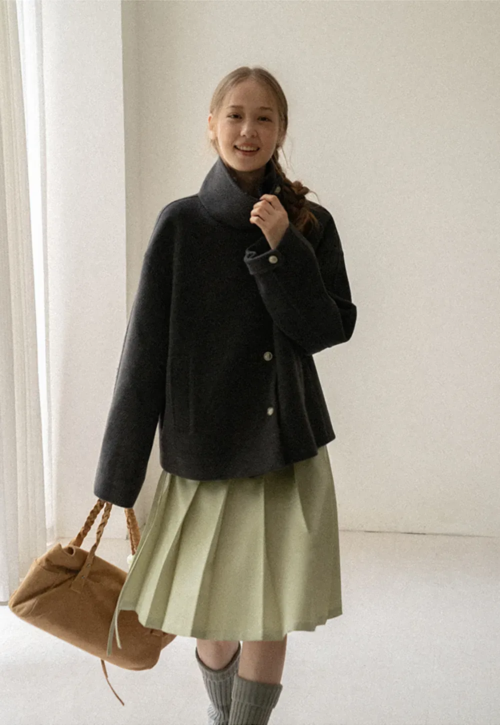High Collar Button Front Wool Coat