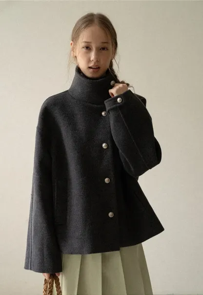 High Collar Button Front Wool Coat