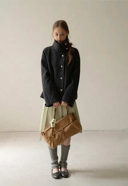 High Collar Button Front Wool Coat