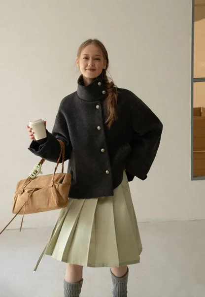 High Collar Button Front Wool Coat
