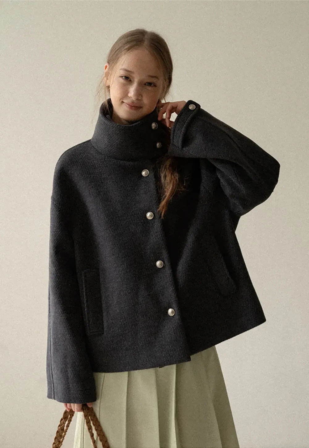 High Collar Button Front Wool Coat