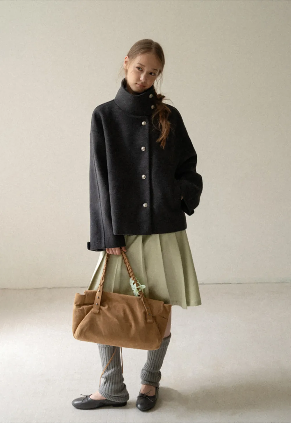 High Collar Button Front Wool Coat