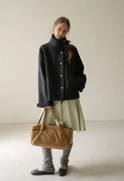 High Collar Button Front Wool Coat