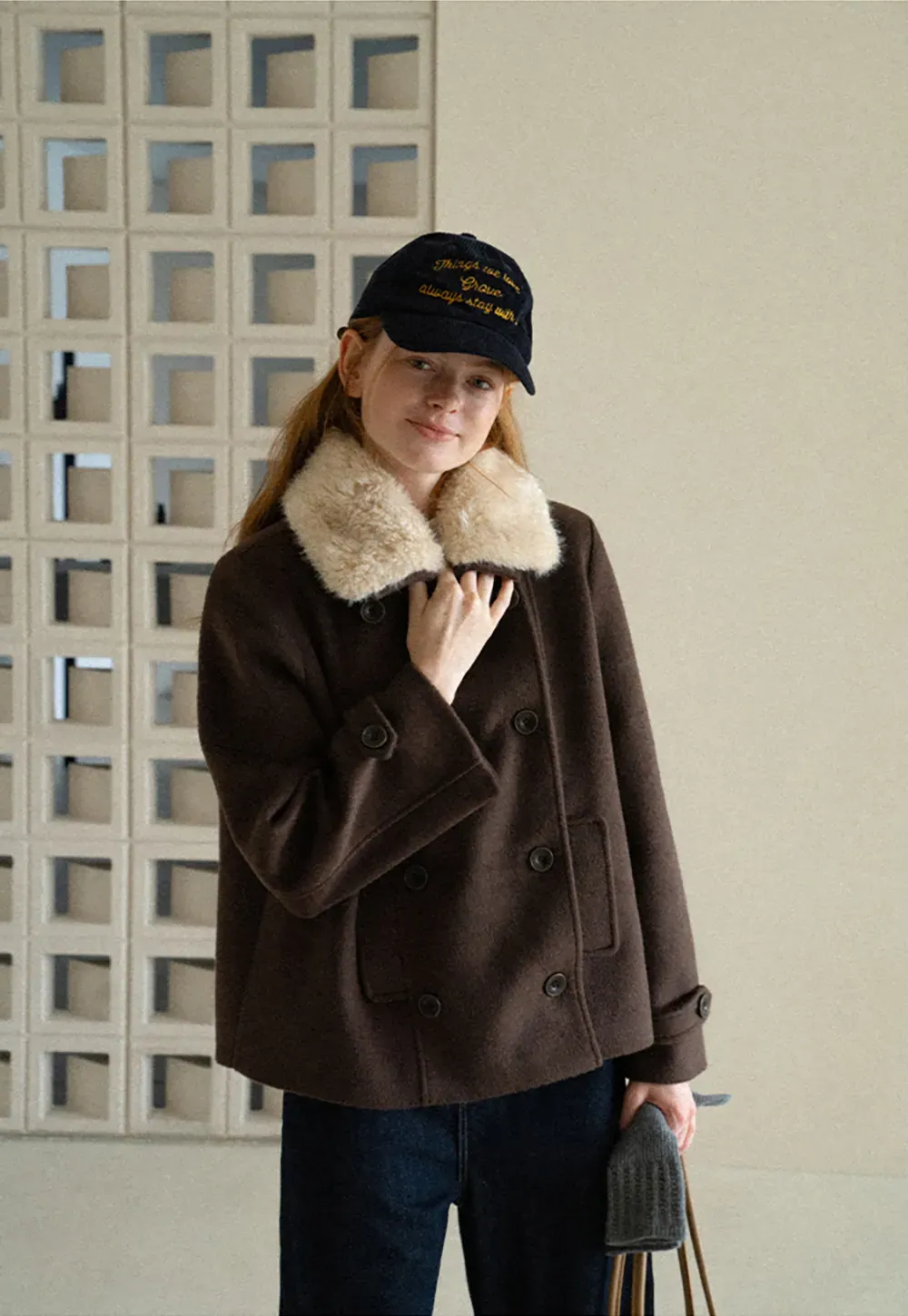 Shearling Collar Wool Coat