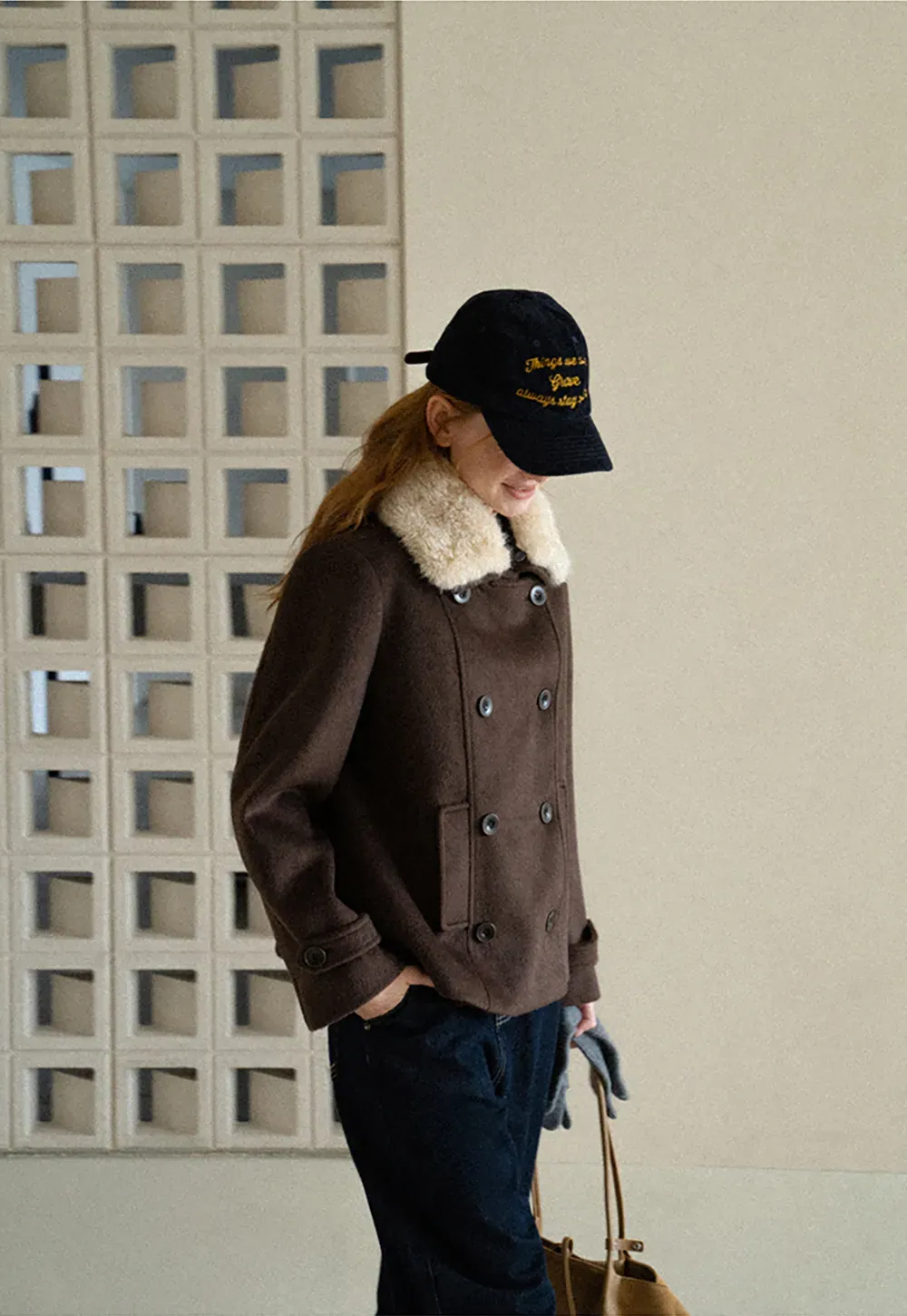 Shearling Collar Wool Coat