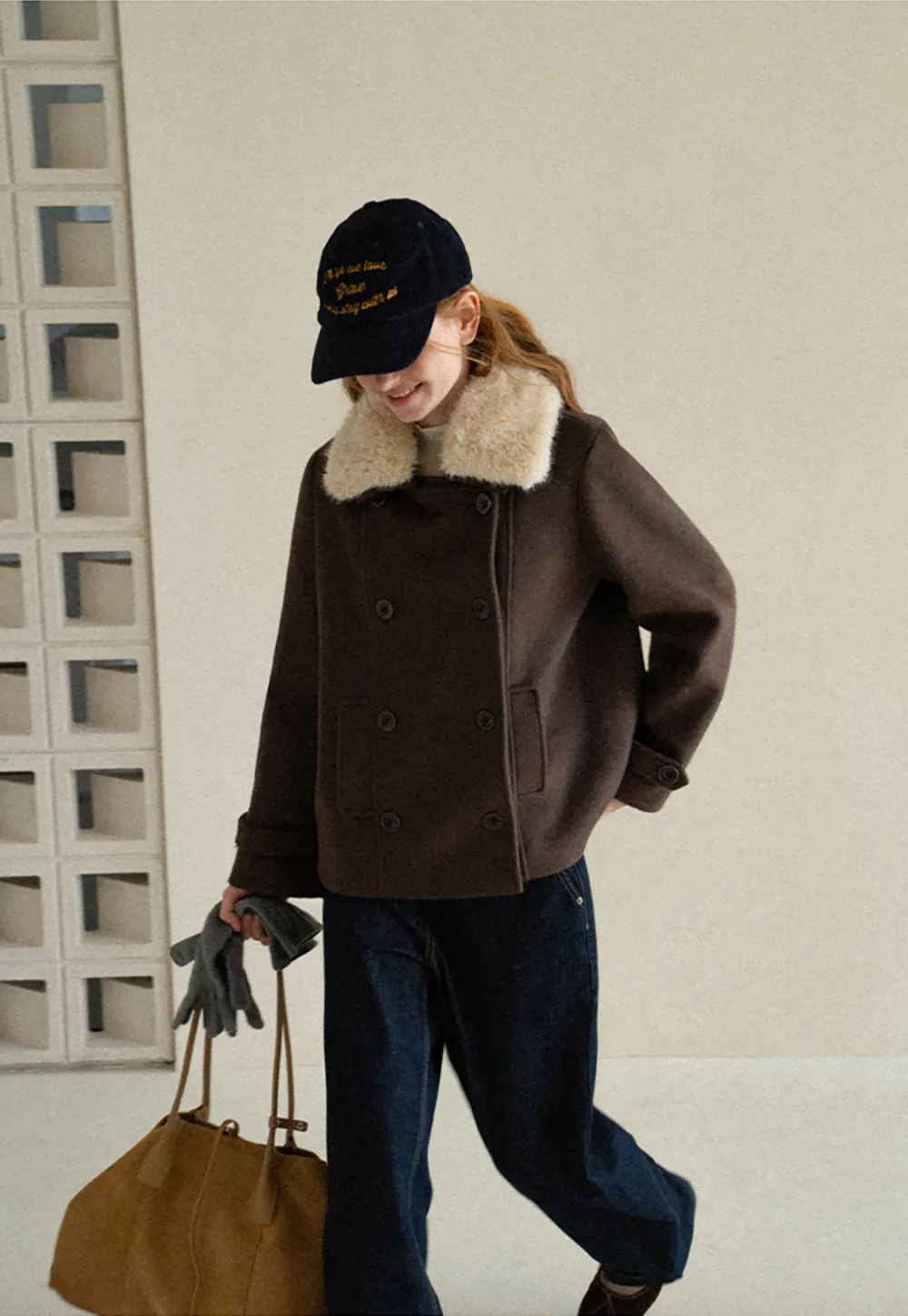 Shearling Collar Wool Coat