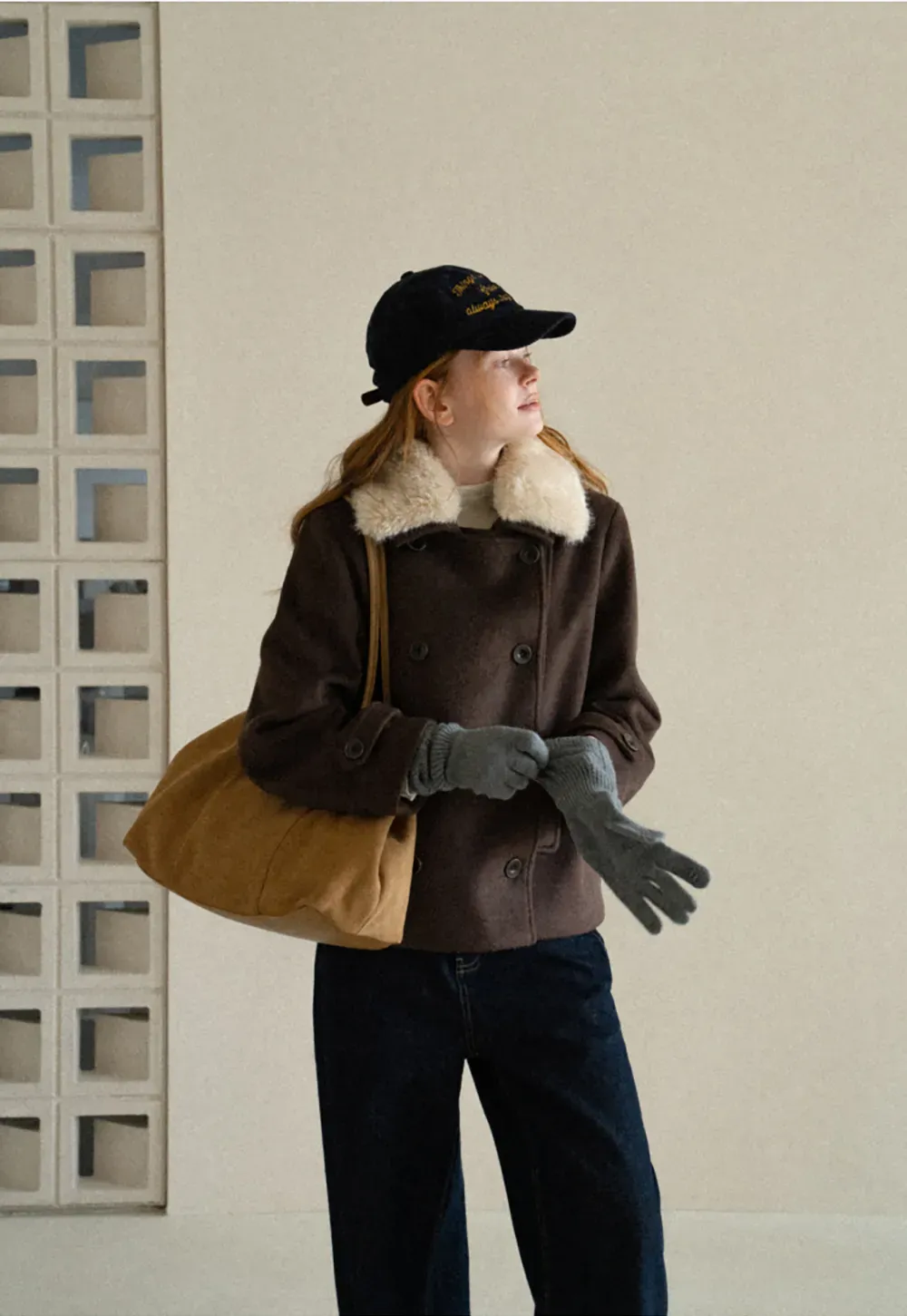 Shearling Collar Wool Coat