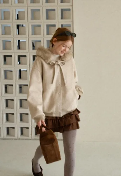 Faux Fur Trim Hooded Oversized Wool Coat