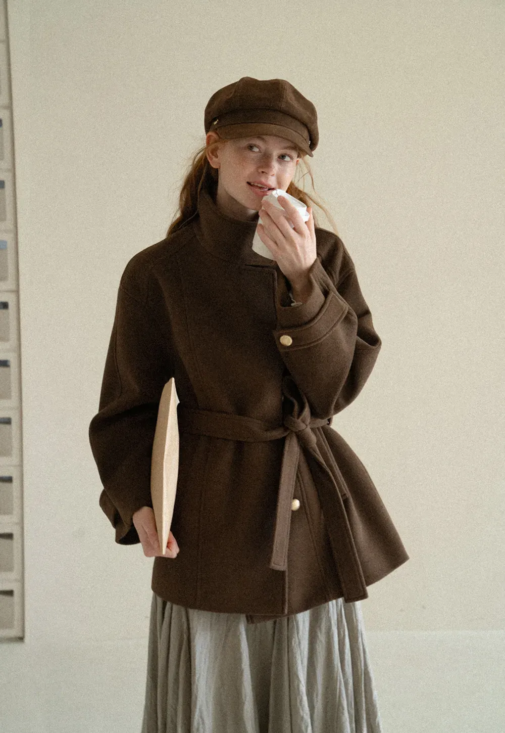 High Collar Belted Wool Coat