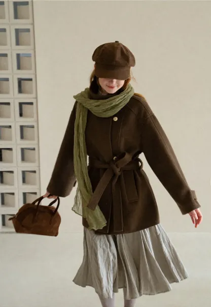 High Collar Belted Wool Coat