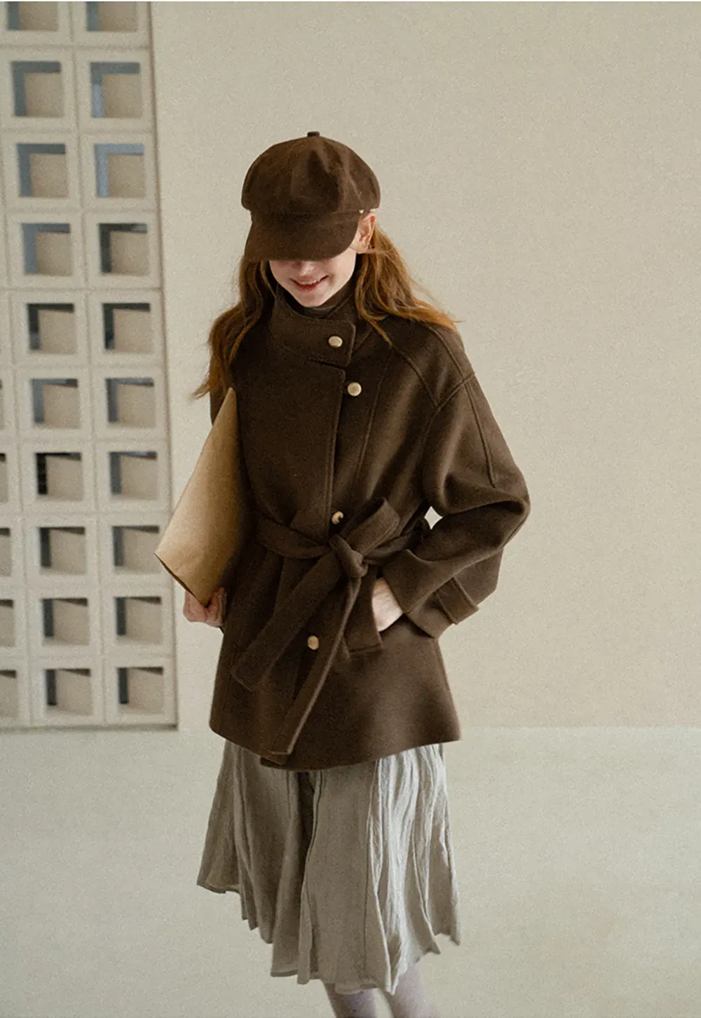 High Collar Belted Wool Coat