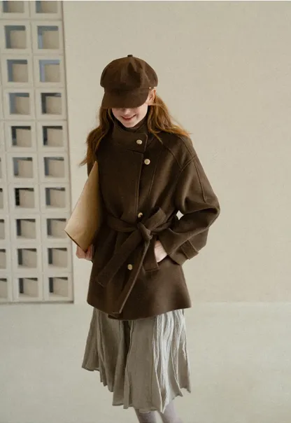 High Collar Belted Wool Coat