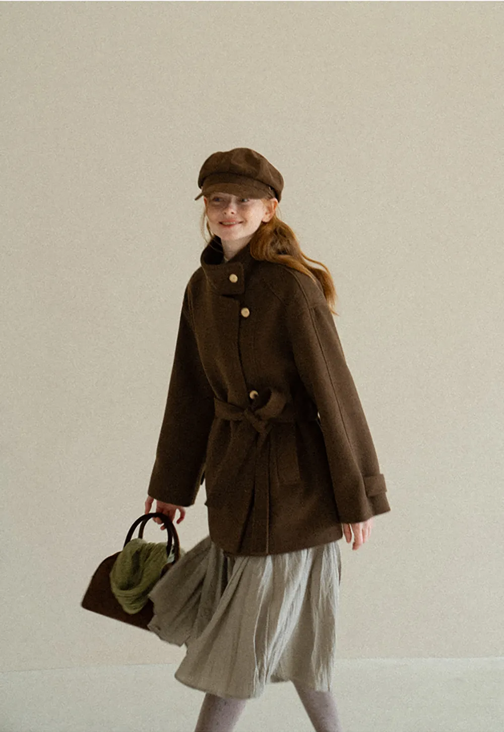 High Collar Belted Wool Coat