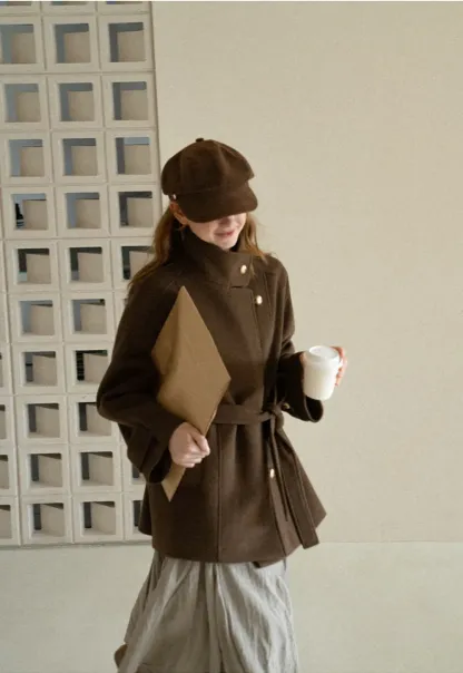 High Collar Belted Wool Coat